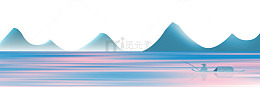 卡通山峰丘陵山脉湖面涟漪小船独木舟