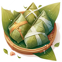 卡通竹篮里的绿色粽子