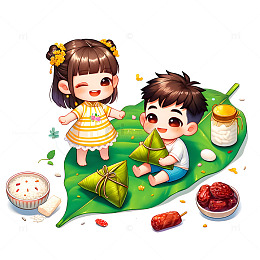 卡通人物包粽子吃粽子场景素材