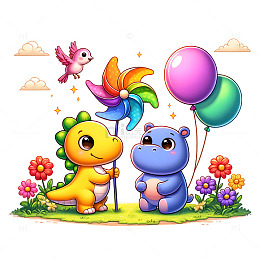 可爱恐龙河马卡通拟人动物素材