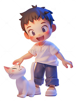 蓝色开心男孩与小猫咪