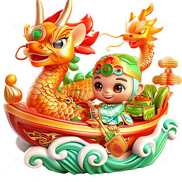 端午儿童划龙舟3d卡通素材