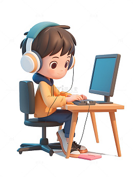 上网课学习上网用电脑的小孩男孩网校