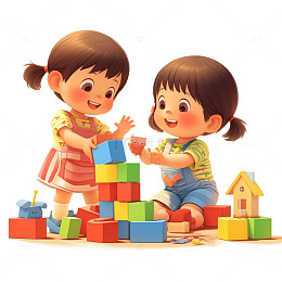 卡通可爱搭积木女孩