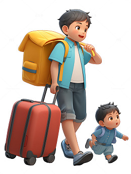 父亲节中年父亲陪小孩去旅游3D