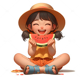 手棒西瓜的可爱小女孩卡通素材