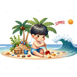 夏日海滩玩耍场景卡通人物素材