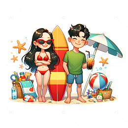 夏日海滩度假卡通人物素材