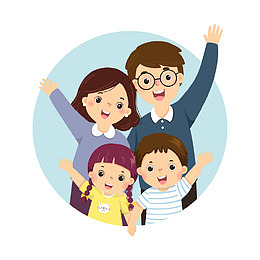 卡通肖像四口幸福的家庭