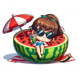 夏日躺在西瓜里乘凉的卡通人物素材