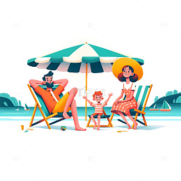 扁平风夏日海滩度假人物插画