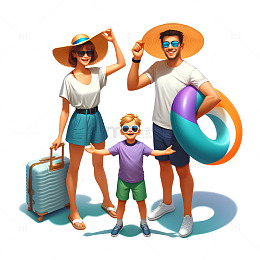 夏日一家三口海边渡假卡通素材