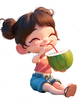 夏日喝椰子汁的女孩