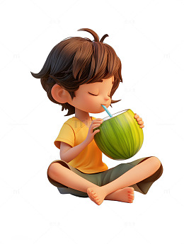夏日喝椰子汁的男孩