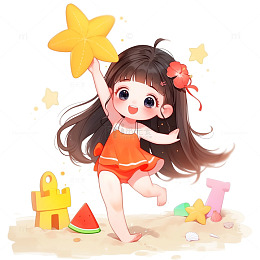 手拿海星沙滩卡通人物素材