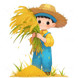 全身卡通农民抱着麦穗场影素材