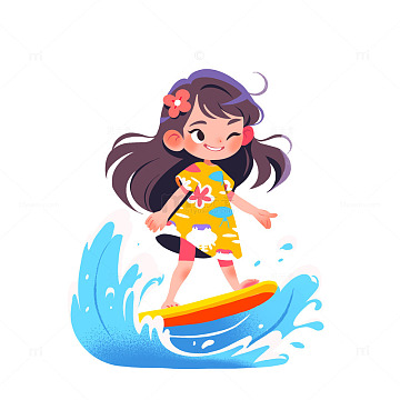 png头顶叶子玩水的女孩卡通人物素材png夏季水上乐园卡通女孩素材psd