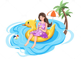 夏天水上乐园坐在小黄鸭泳圈上的女孩