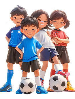 一群小孩子踢足球3D卡通足球队