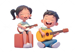 两个小孩弹吉他唱歌音乐
