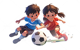 两个小孩踢足球运动娱乐开心