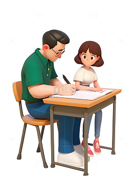 父亲与女儿一起写作业学习