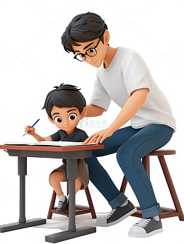 父亲与儿子一起补课补习学习写作业学习辅导