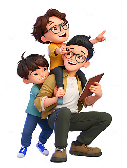 父亲和小孩孩子们看书