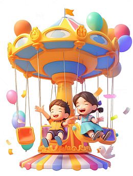 小孩在游乐园玩耍旋转木马