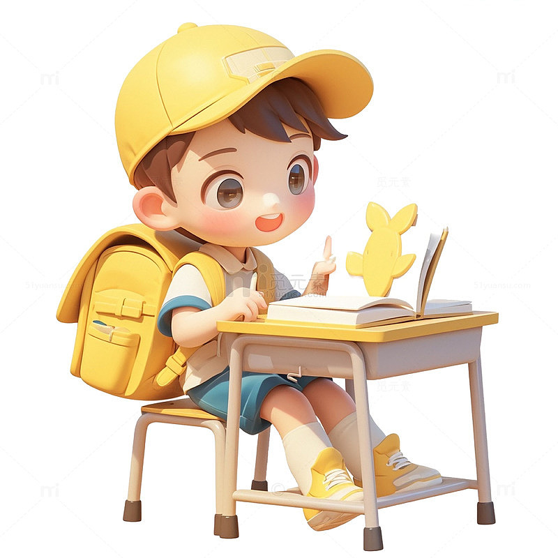 卡通黄色课桌学习人物