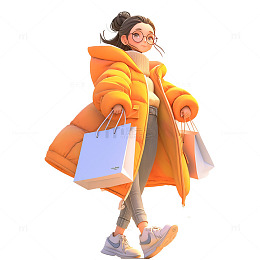 一个穿黄色衣服购物的女孩