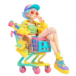 3D立体彩色购物女孩