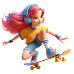 潮流滑板女孩3D卡通风格素材