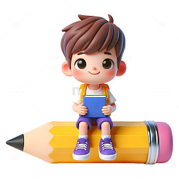 坐在巨大铅笔上的学生3D人物素材