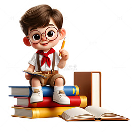 坐在书本上的可爱3D卡通学生素材
