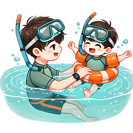 爸爸教孩子游泳场景卡通人物素材