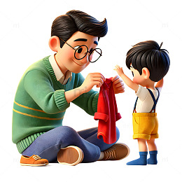 爸爸教孩子穿子衣服场景卡通3D人物素材