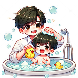 爸爸给孩子洗澡场景卡通插画素材