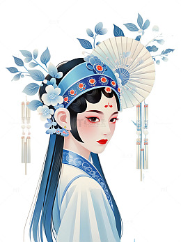 扁平风插画 京剧 中国风 蓝色 中国美人