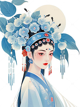 扁平风插画 京剧 中国风 蓝色 叶子