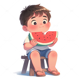 坐在板凳上吃西瓜的可爱男孩
