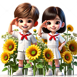 在葵花丛中敬礼的少先队员3D人物