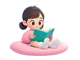 小女孩坐着上阅读开心3D