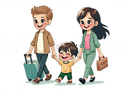 暑假旅行的一家人卡通手绘