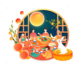 中秋节吃团圆饭的一家人