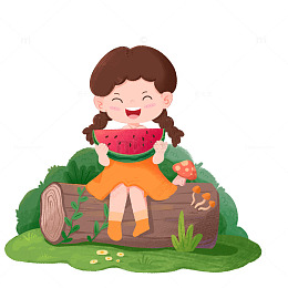 夏至小暑大暑可爱的小女孩在草地上吃西瓜