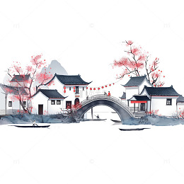 古风江南小镇风景插画素材