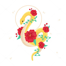 红花装饰的黄色蛇