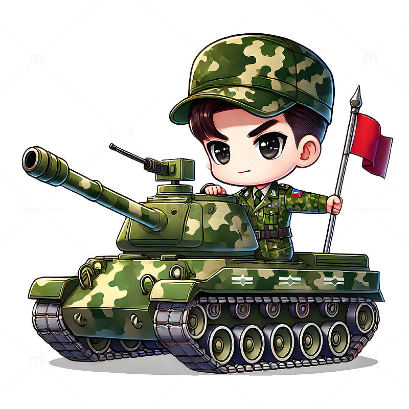 建军节建党节手持红旗开坦克作战卡通军人素材