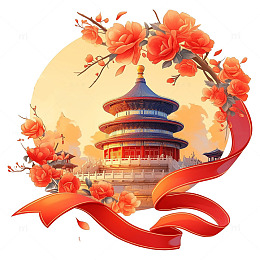 北京天坛花环丝绸手绘插画素材